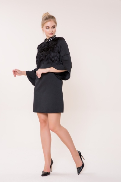  GIZIA - Taş Ve Tüy Detaylı Yırtmaç Kollu Siyah Mini Elbise