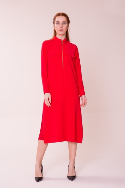 GIZIA - Önden Fermuar Detaylı Kırmızı Midi Elbise