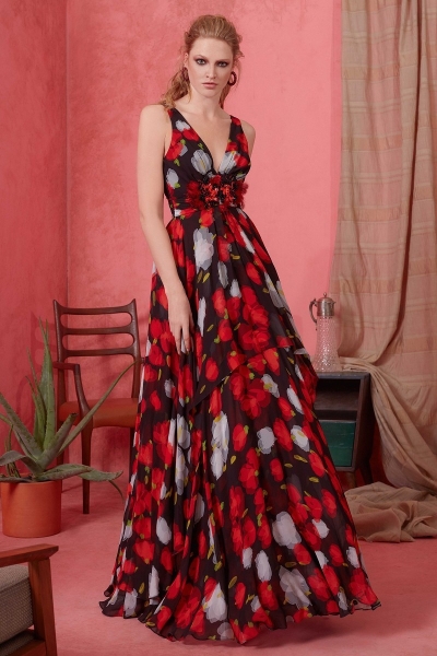  GIZIA - V-Neck Floral Pattern Black Long Dress