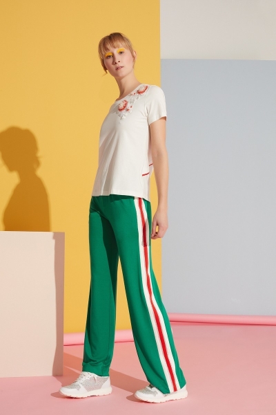  GIZIA - Green Sport Trousers with White Stripe Detail