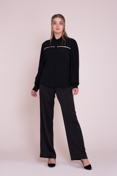  GIZIA - Stone Embroidered Long Sleeve Plus Size Black Shirt