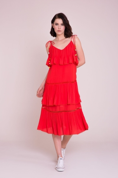  GIZIA - Pleated Detailed Midi Length Chiffon Red Dress