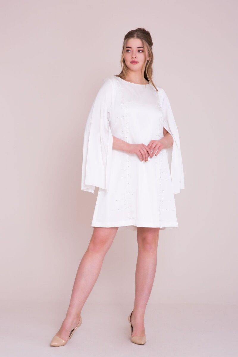 GIZIA - Embroidered Detailed Plus Size Ecru Mini Dress