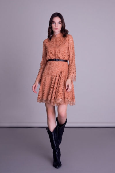  GIZIA - Belt Detailed Salmon Color Lace Flared Coctail Dress