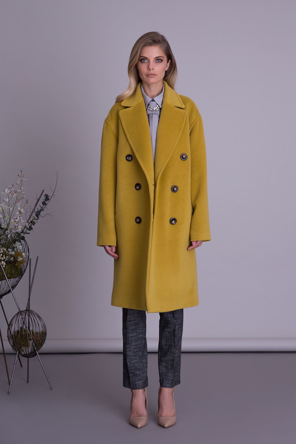 GIZIA - Silk Wool Fabric Yellow Midi Coat