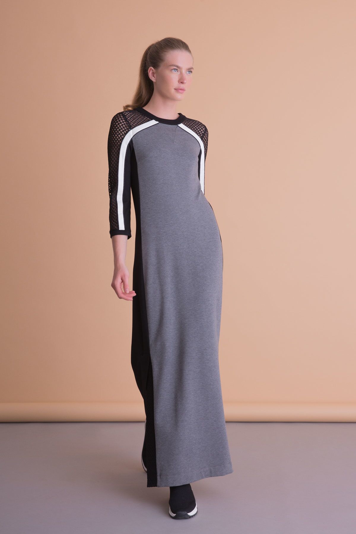 GIZIA - Mesh Stripe Detailed Long Gray Sports Dress