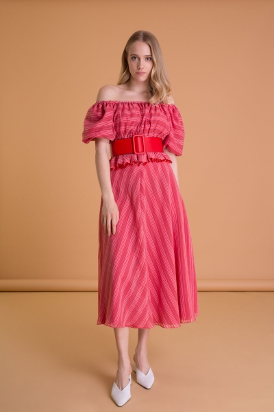  GIZIA - Stripe Detailed Red Midi Oblique Skirt