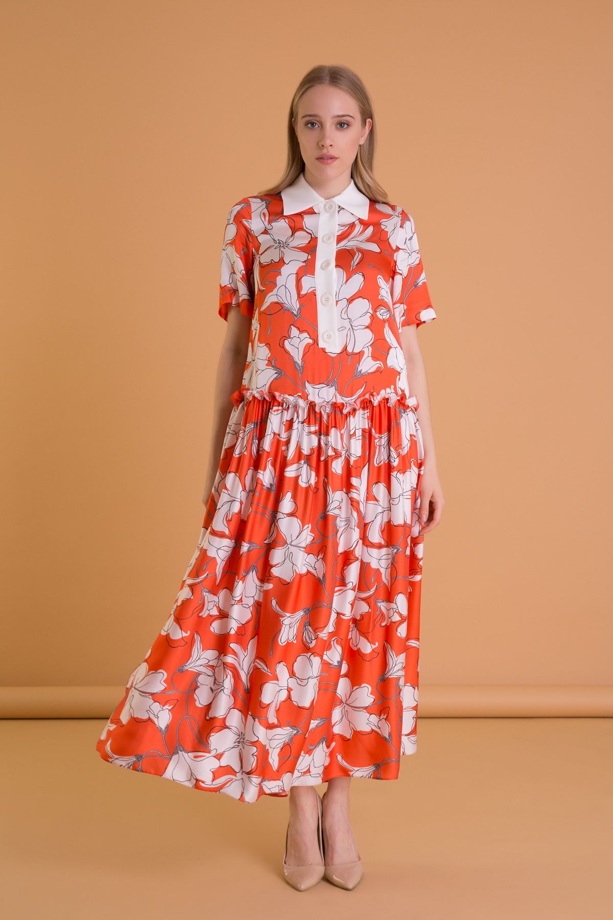 GIZIA - Floral Patterned Shirt Collar Orange Long Dress