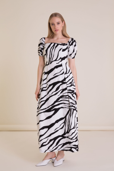  GIZIA - Zebra Patterned Off Shoulder Black and White Long Dress