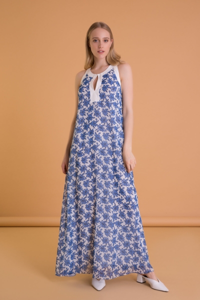  GIZIA - Floral Pattern Backless Long Blue Dress