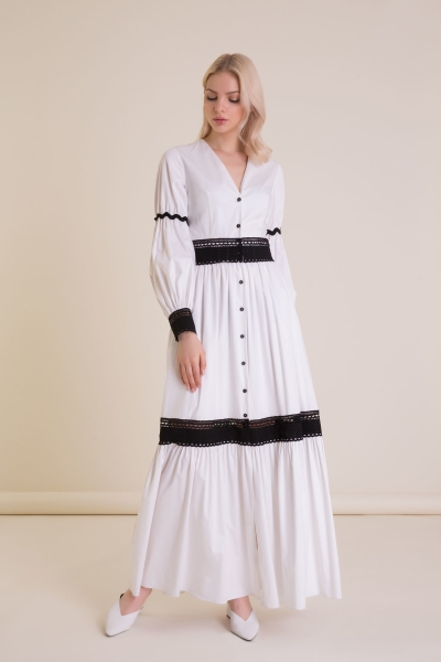  GIZIA - Dantel Şerit Detaylı V Yaka Beyaz Uzun Elbise