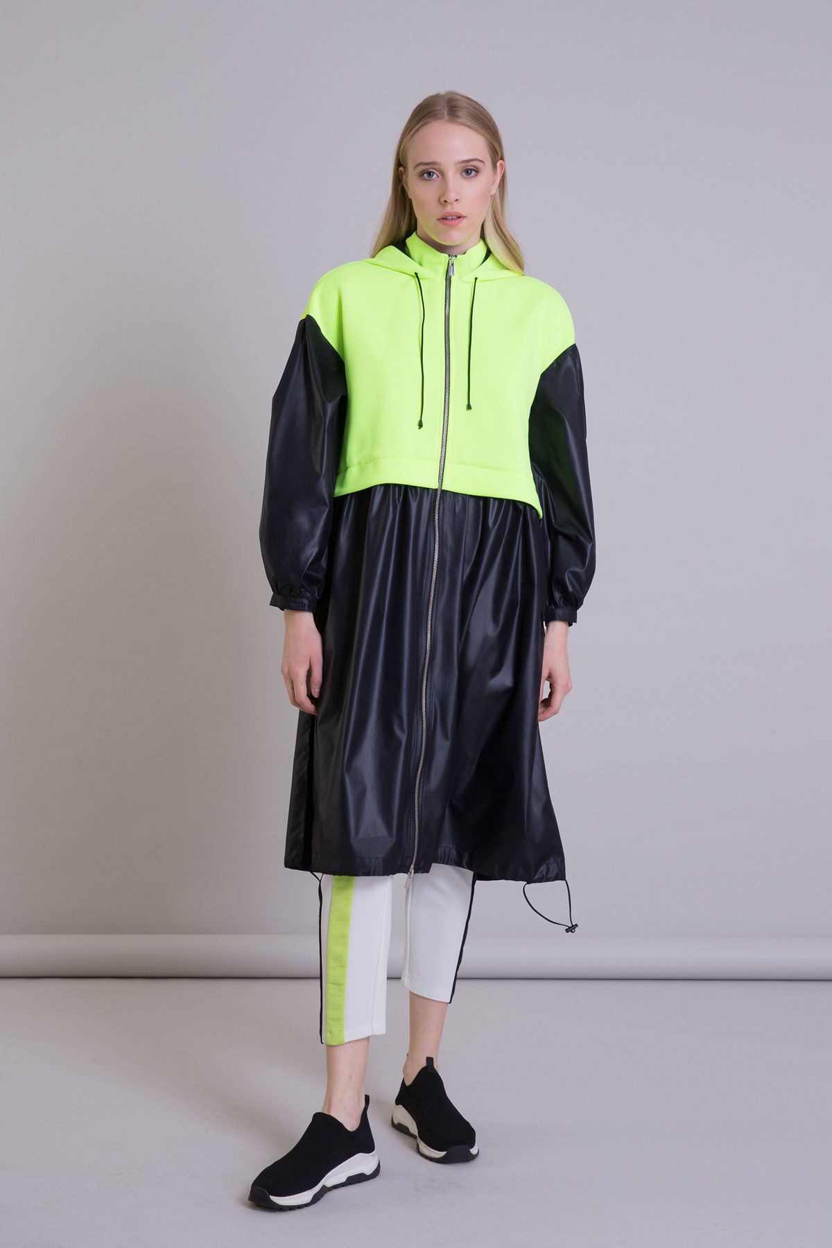 GIZIA - Neon Detail Hooded Black Long Raincoat