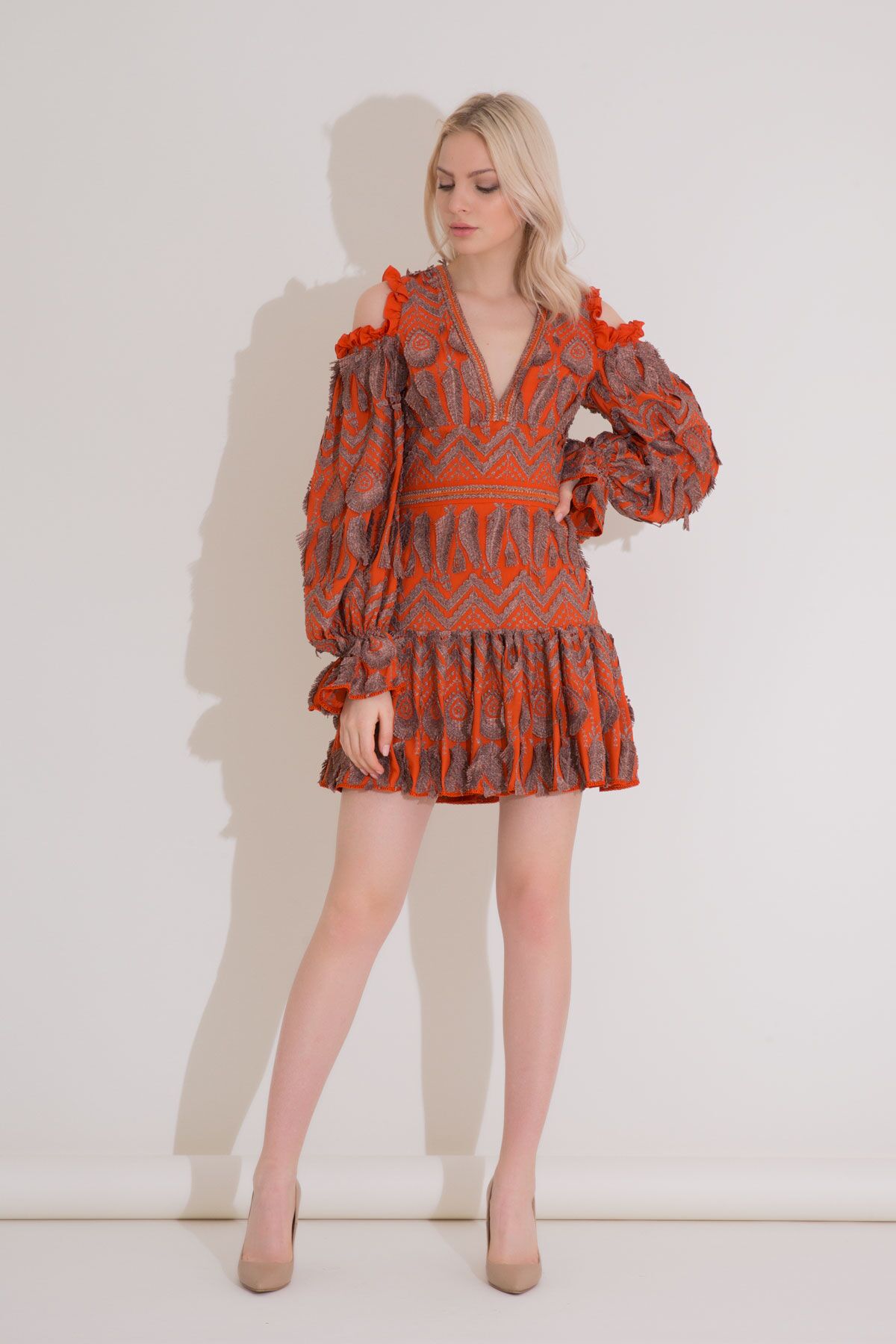 GIZIA - Ruffled Orange Mini Brode Dress with Ruffle Sleeves