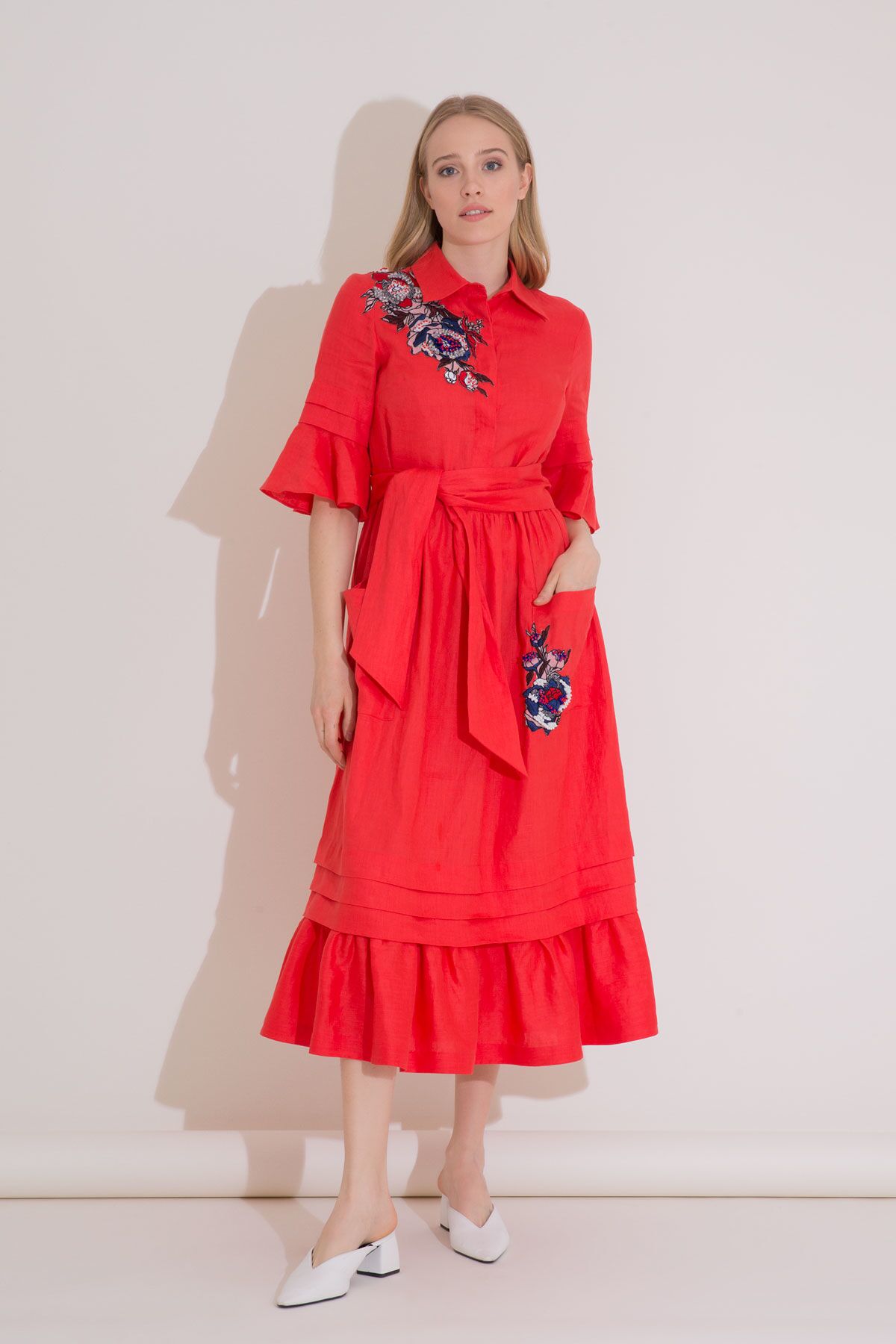 GIZIA - Embroidery Detailed Belted Linen Red Shirt Dress