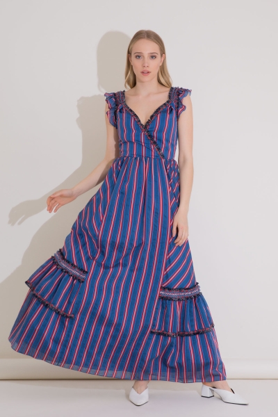  GIZIA - Stripe Detailed Striped Organza Blue Long Dress