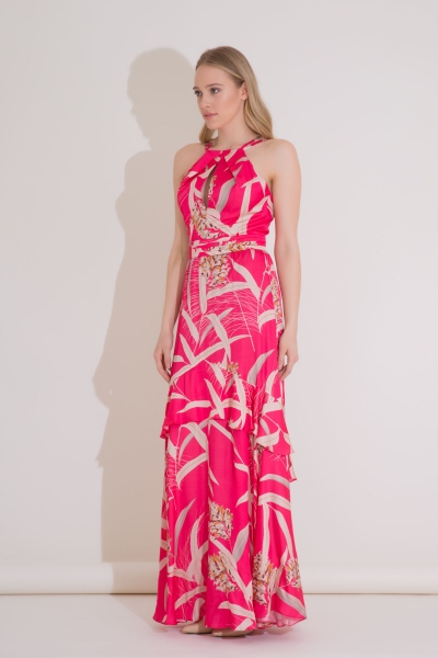  GIZIA - Floral Leaf Patterned Long Pink Viscose Dress
