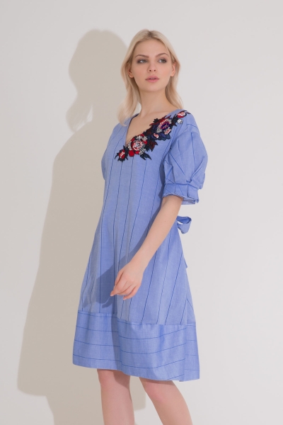  GIZIA - Embroidery And Bow Detailed Blue Voile Midi Dress