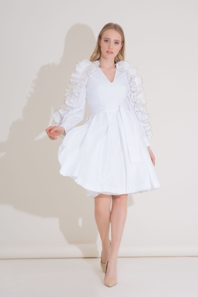  GIZIA - Ruffle Detailed Belted White Poplin Dress with Sleeves
