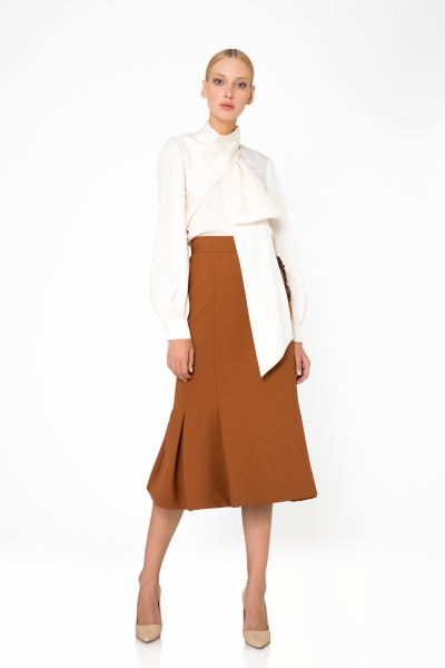  GIZIA - Applique Detailed High Waist Side Pleated Midi Cinnamon Skirt