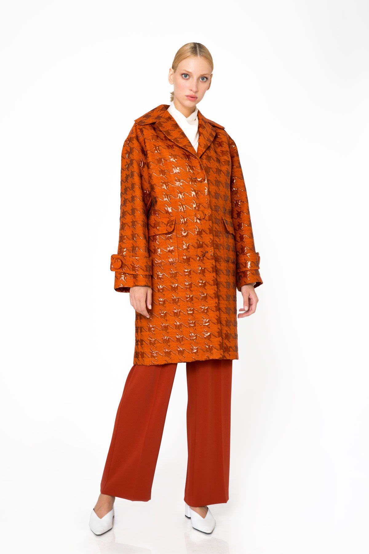 GIZIA - Jacquard Fabric Orange Midi Coat
