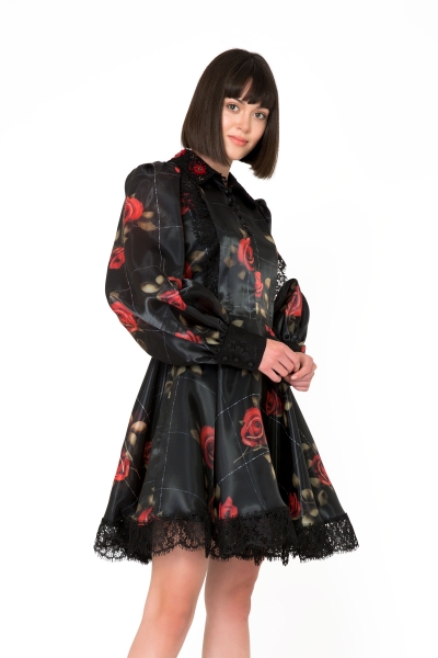  GIZIA - Floral Patterned Lace Detailed Black Mini Dress
