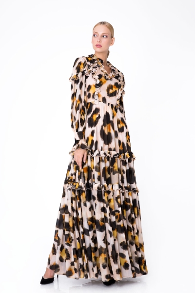 GIZIA - Leopar Desenli Fırfırlı Uzun Şifon Elbise