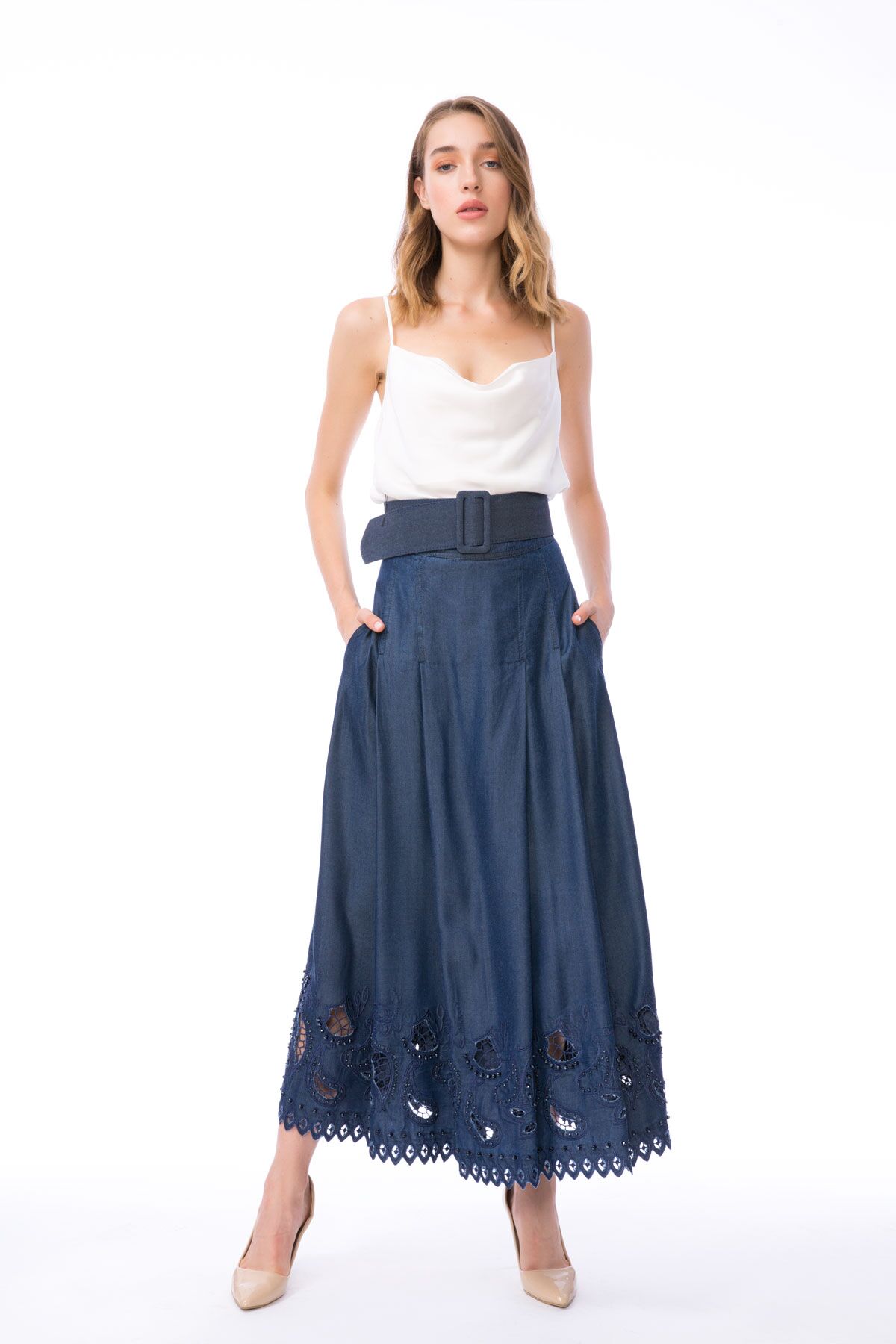 GIZIA - Belted High Waist Embroidered Long Blue Skirt
