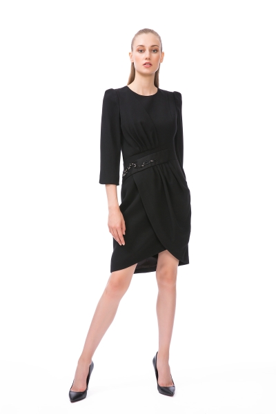  GIZIA - Waist Embroidered Detailed Three Quarter Sleeve Black Mini Dress