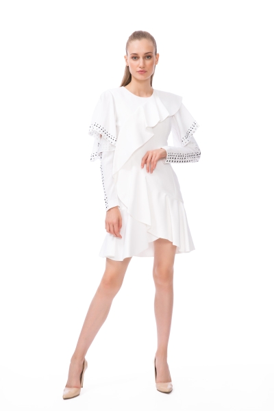  GIZIA - Kol Kısmı Trok Baskı Detaylı Beyaz Mini Elbise
