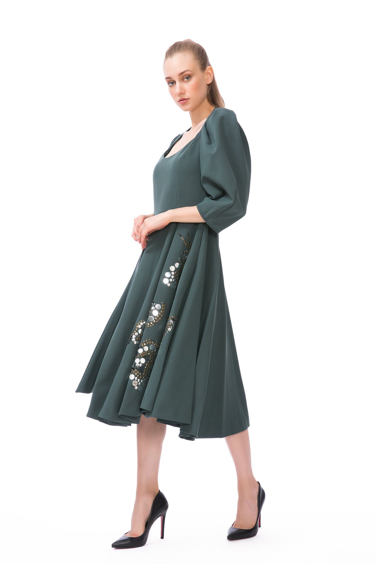 GIZIA - Trok Print Detailed Green Midi Dress