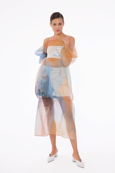  GIZIA - Pastel Desenli, Nakış Detaylı Organze Elbise