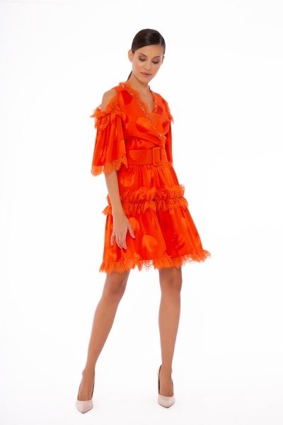 Gizia Embroidered And Lace Detail, Belted Off-Shoulder Orange Dress. 2
