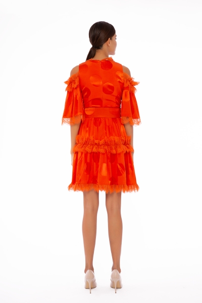 Gizia Embroidered And Lace Detail, Belted Off-Shoulder Orange Dress. 3