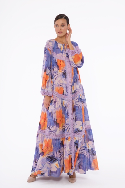  GIZIA - Lace Stripe Detailed Long Patterned Chiffon Powder Dress