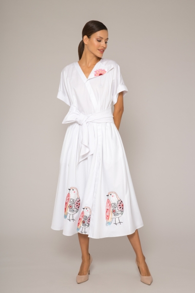  GIZIA - Aplike Nakışlı, Kuşak Detaylı Beyaz Poplin Elbise