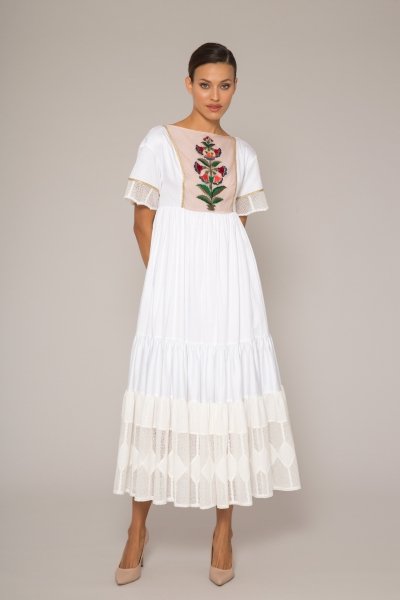  GIZIA - Dantel Garnili, Nakış Detaylı Beyaz Poplin Elbise