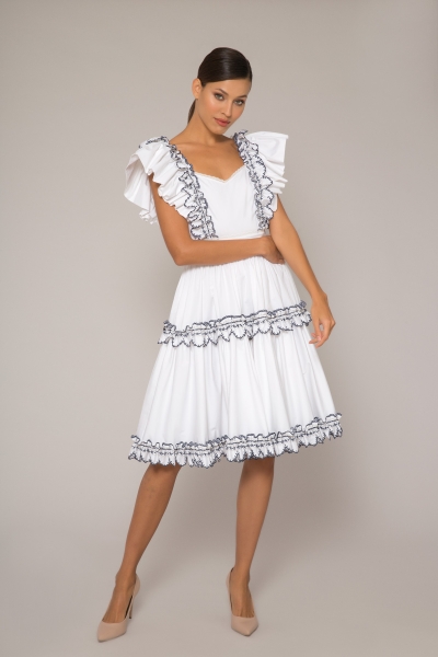  GIZIA - Contrast Embroidered Ruffle Pleated Mini Length White Dress