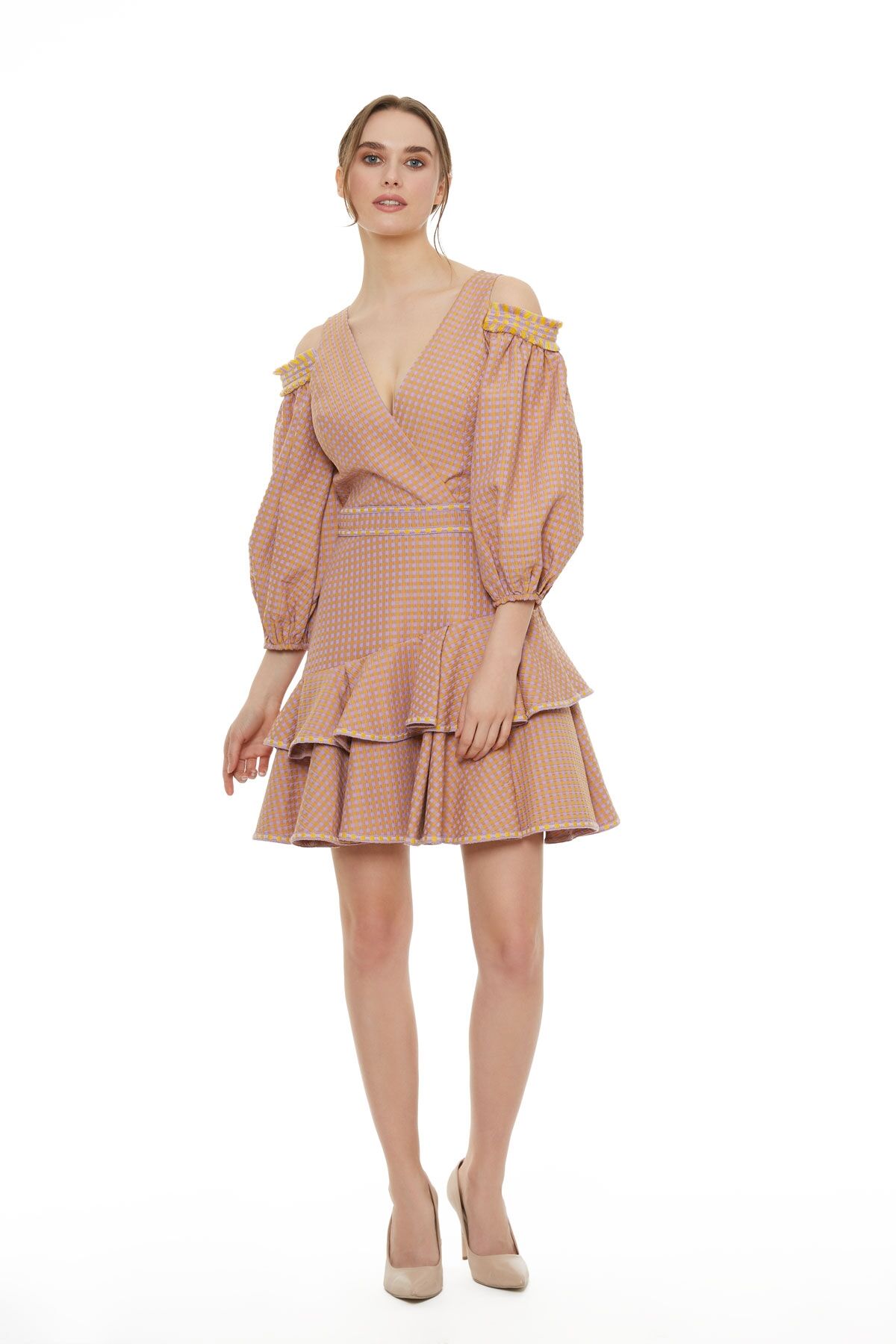  GIZIA - Stripe Detailed Shoulder Window Lilac Mini Dress