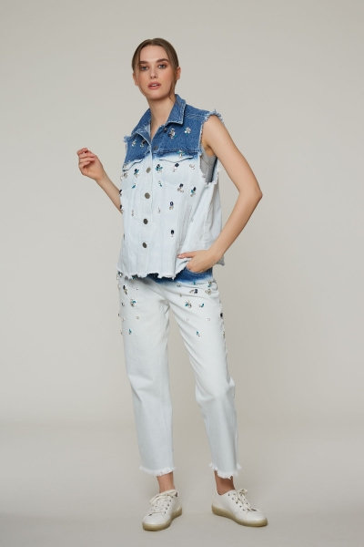 Gizia Two-tone, Stone Embroidered Blue Jean Vest. 1