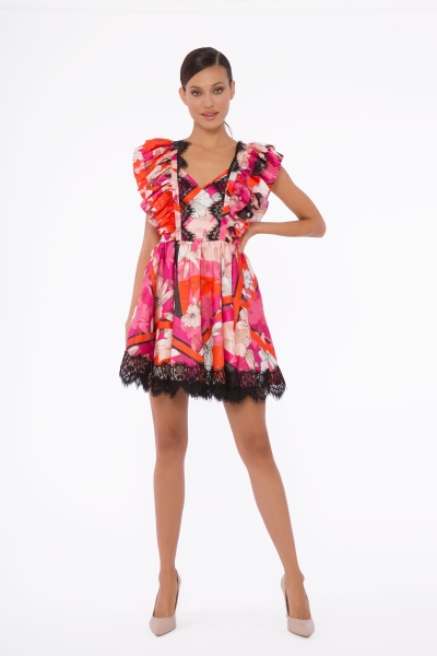  GIZIA - Lace Detailed Ruffle Fuchsia Mini Dress