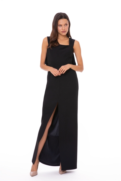  GIZIA - Back Bow Detailed Long Black Evening Dress with Thick Straps