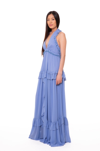  GIZIA - İşlemeli Fırfırlı Şifon Uzun Mavi Elbise