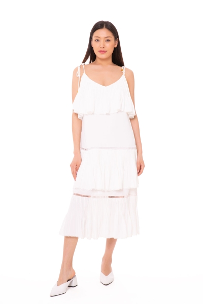  GIZIA - Pleated Detailed Midi Length Chiffon White Dress