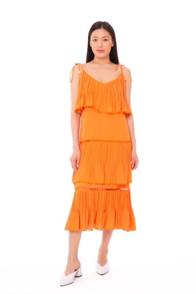  GIZIA - Pleated Detailed Midi Length Chiffon Orange Dress