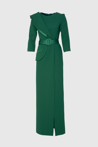  GIZIA - Asymmetrical Collar Detailed Belted Long Green Dress