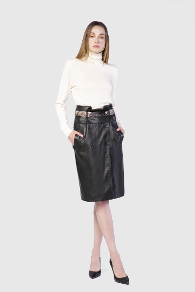  GIZIA - Belt Detailed Midi Length Leather Black Skirt