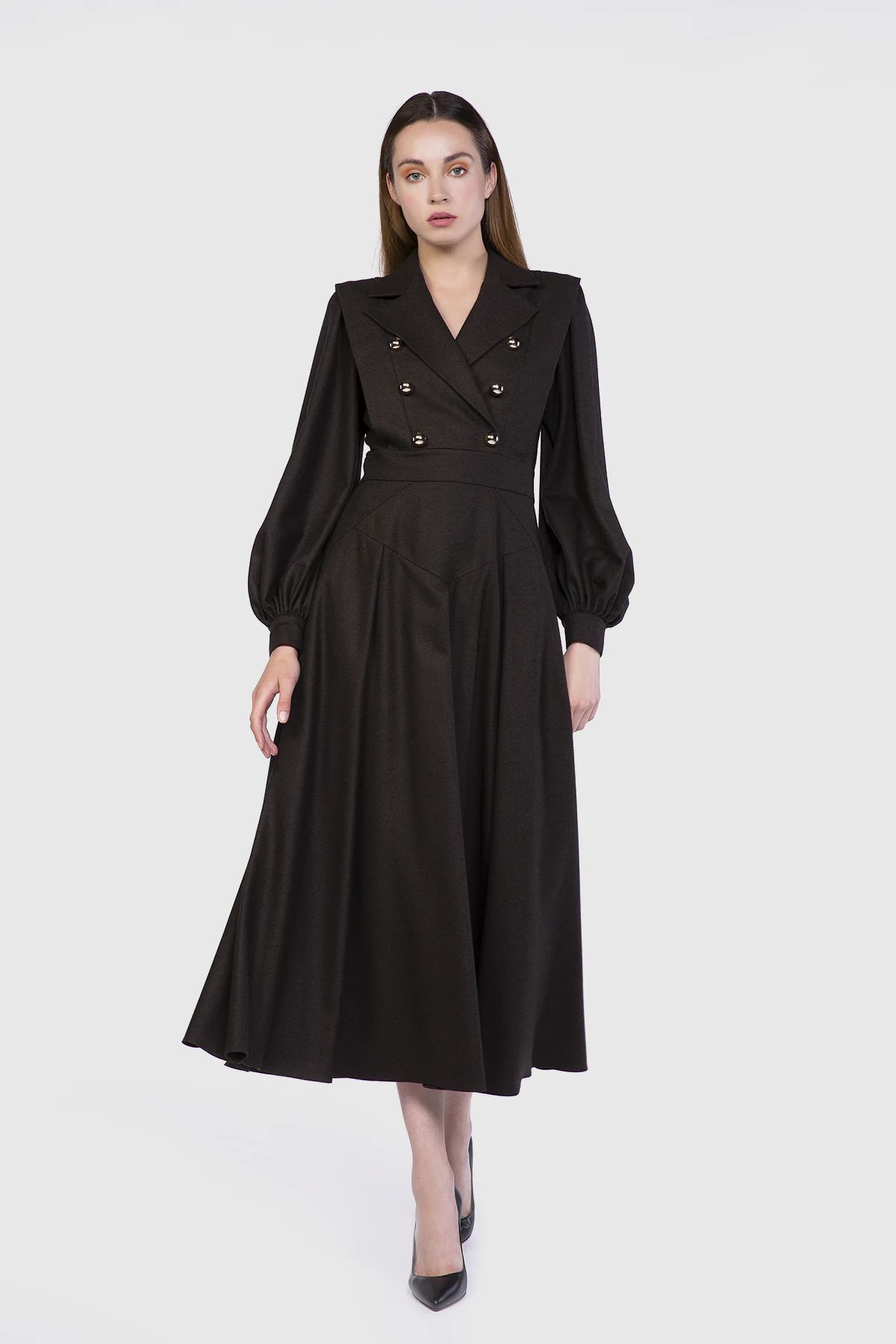  GIZIA - Metal Button And Band Detail Ankle Length Brown Dress