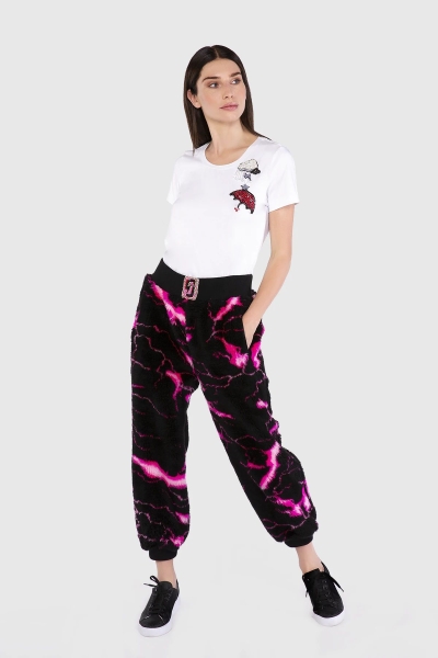  GIZIA SPORT - Desenli Peluş Nakış Detaylı Triko Bantlı Pembe Pantolon