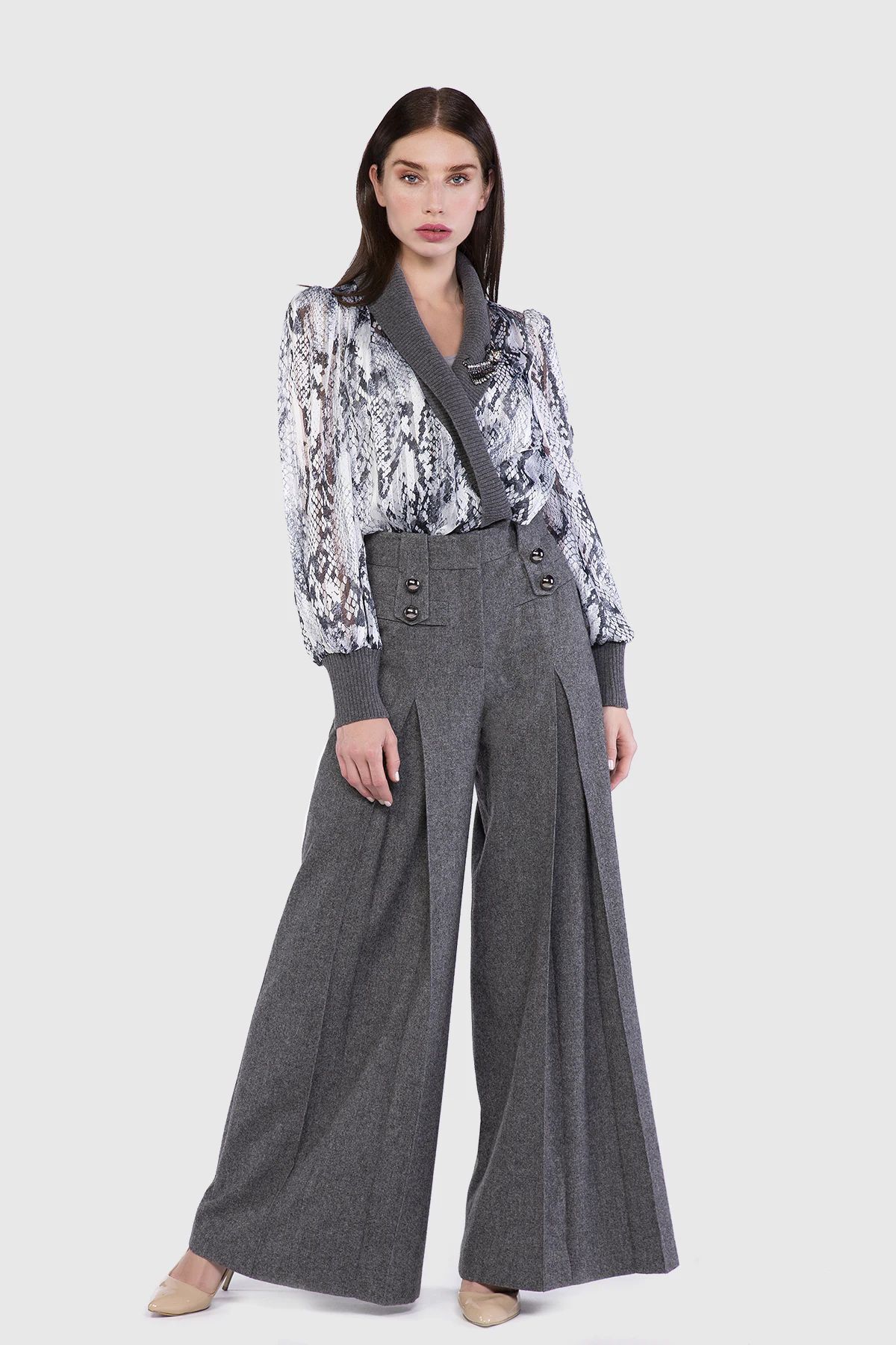  GIZIA - Button Detailed Pleated Wide Leg Gray Trousers