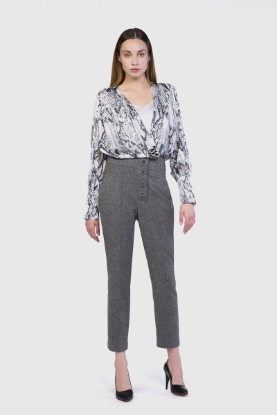 Gizia Buttons Stone Embroidered Wool Fabric Gray Trousers. 1